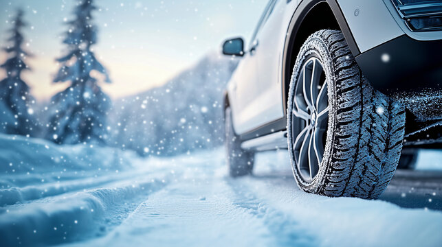 Winterreifen auf einer verschneiten Fahrbahn, Unterwegs bei Eis, Regen und Schnee mit dem Auto, Closeup eines Autos mit Winterreifen bei schlechtem Wetter