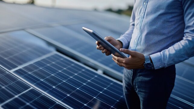 Engineer Using Tablet to Oversee Renewable Energy Project on Site