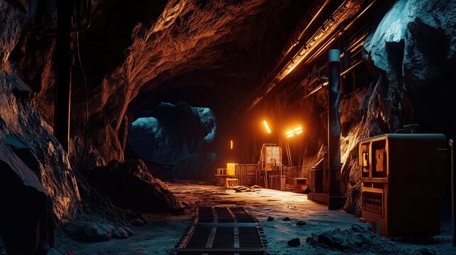 Underground copper mine tunnel, glowing copper veins in dark rock, mining equipment silhouettes, shaft supports