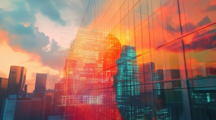 Obraz premium Vibrant Double Exposure Blending of Cityscape and Reflection