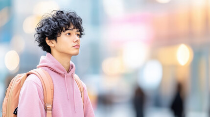 Fototapeta premium A thoughtful young man gazing into the distance in an urban setting, wearing a pink hoodie and equipped with a stylish backpack.