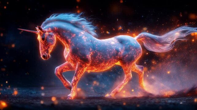 A white unicorn runs, its body ablaze with fiery embers. Sparks fly from its flowing mane and tail, creating a magical, fantastical scene, 4k hd Quality.