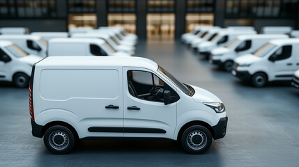 Fleet of White Delivery Vans Neatly Arranged in a Large Parking Area