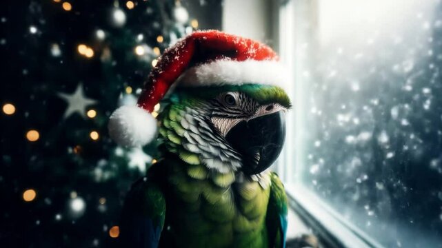 A festive parrot wearing a Santa hat, perched indoors near a snowy window. Cozy and cheerful holiday-themed image with a winter vibe.