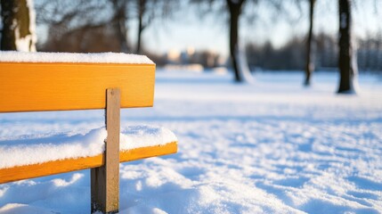 The sun rises behind a snow-laden bench in a calm park, casting a warm glow over the wintry landscape and symbolizing hope, peace, and new beginnings.