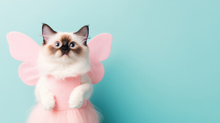 Adorable cat dressed as a fairy with pink wings, perfect for whimsical pet photography and cute animal themes.