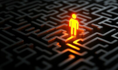 Glowing figure in dark labyrinthine maze.