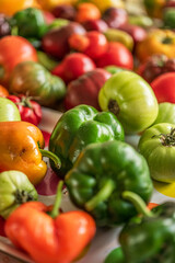 Colourful assortment of tomatoes and peppers on a table.
