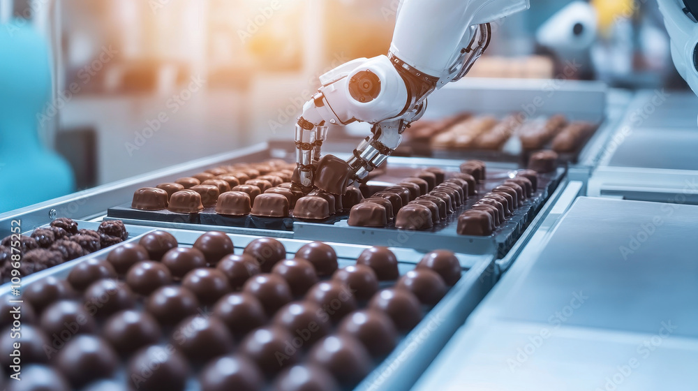 Poster automated robotic arm efficiently picking chocolates from a conveyor in a modern industrial chocolat