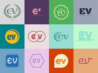 EV logo company template. Letter e and v logotype. Set different classic serif lettering and modern bold text with design elements. Initial font typography.