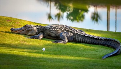 "An Alligator Basks at the Water's Edge on a Golf Course"