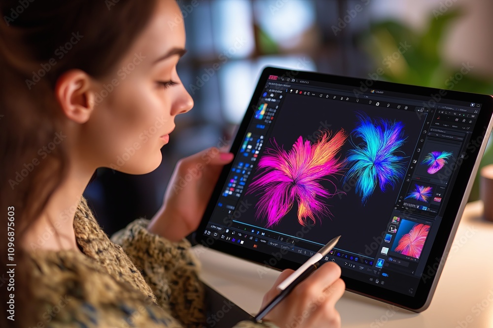 Poster designer holding a digital drawing tablet with a vibrant design displayed.