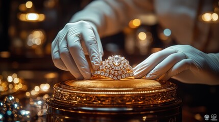 A gloved jewelry clerk meticulously arranges a dazzling diamond tiara atop an elegant display, highlighting precision and luxury.