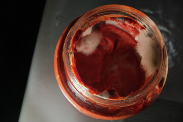 An open can of tomato paste overgrown with white mold inside.