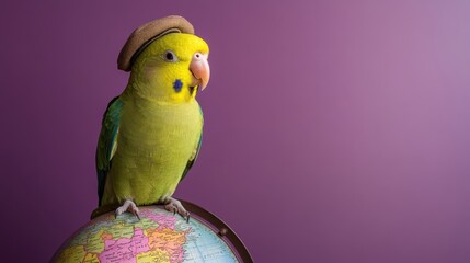 Parakeet in Travelers Cap Perched on Globe with Purple Background