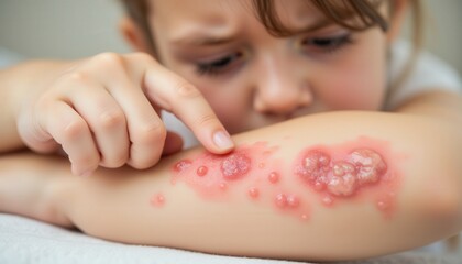 Naklejka premium Recognize Symptoms. A young child examines red, blister-like skin lesions on their arm, displaying concern and discomfort.