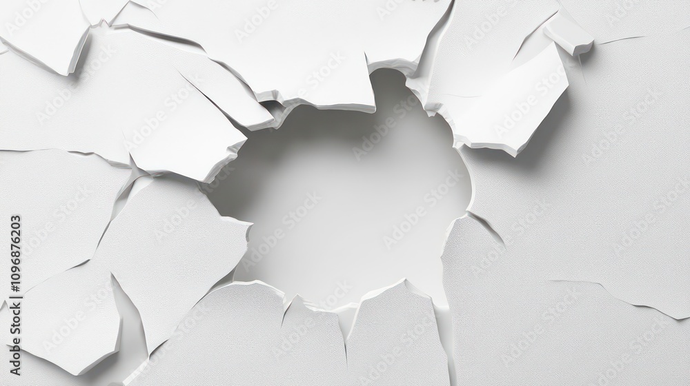 Poster a close-up of a white surface with a large hole in the center. the surface is cracked and broken, su