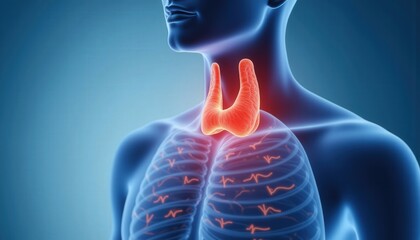 Recognize Symptoms. A 3D illustration of the human respiratory system, highlighting the thyroid gland in the neck area, showcasing anatomical structures and their relationships.