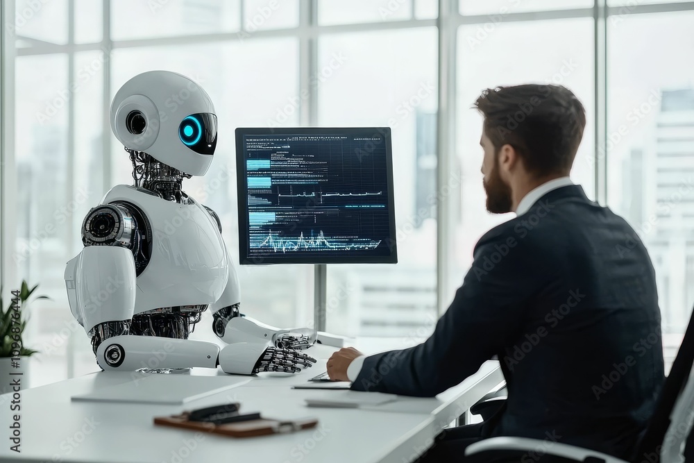 Poster businessman and robot collaborate on computer data.