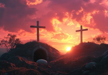 Serene Sunset Over Crosses with Dramatic Cloudscape, Symbolizing Hope and Reflection in a Peaceful Landscape at Dusk near an Ancient Tomb