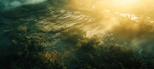 Golden Sunrise Over Lush Rice Terraces