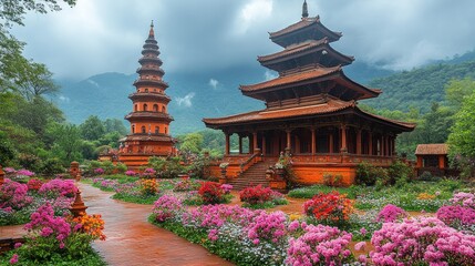 Serene Temple Gardens in the Mountains