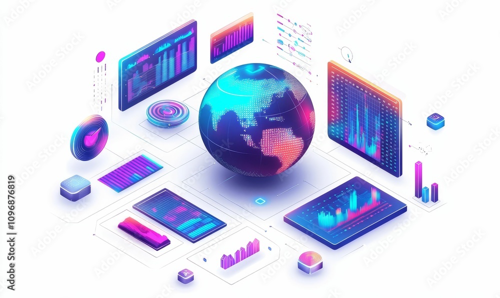 Poster global data visualization, charts, and graphs.