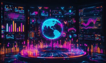 Obraz premium Neon holographic Earth, data visualizations.
