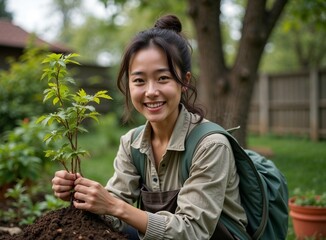 Smiling Asian woman planting a tree in her backyard garden on a sunny day