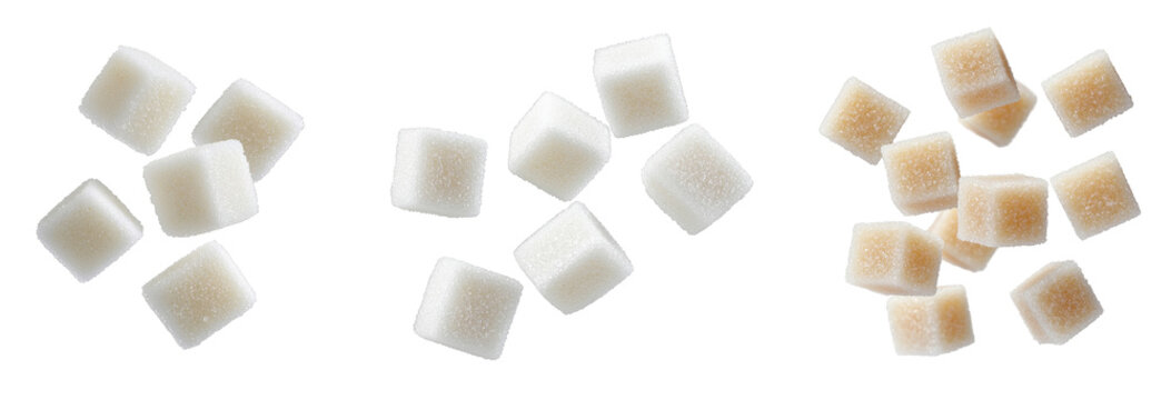 Various sugar cubes arranged artistically on a white background. transparent background.