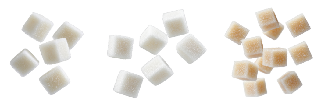 Various sugar cubes arranged artistically on a white background. transparent background.