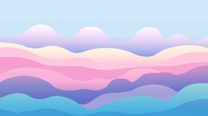 Pastel-colored abstract landscape illustration of rolling hills and mountains.