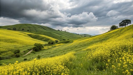 Fototapeta premium Clouds gather above a rolling hill covered with a blanket of bright yellow mustard flowers that sway in the summer breeze, cloudy weather, blanket of flowers