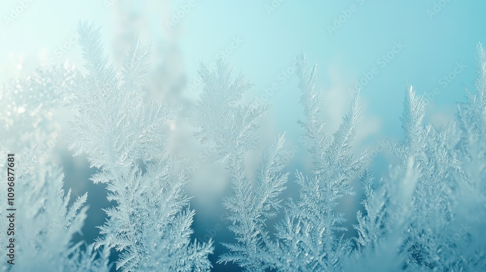 Poster frost patterns on window glass creating a beautiful winter scene