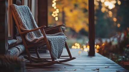 Rocking chair with knitted blanket on rustic porch