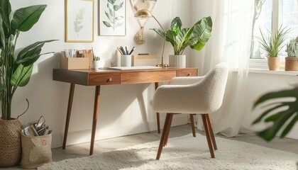 Cozy Mid-Century Home Office with Plants and Natural Light
