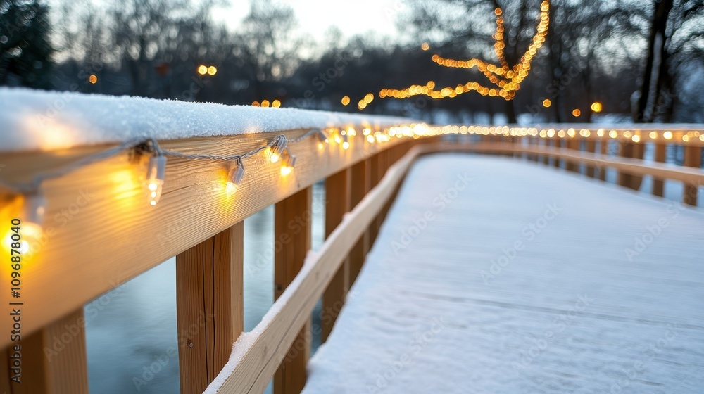 Poster snow-covered path lined with softly glowing string lights, creating a serene and festive atmosphere 