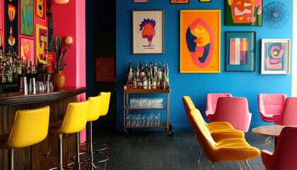 Chic Retro Bar Area with Colorful Decor and Stylish Bar Stools