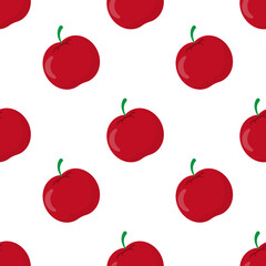 Seamless pattern of red apples with green stems on a black background.
