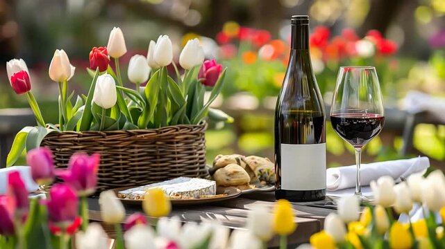 A picnic table with red wine, cheese, and tulips, evoking spring and Easter celebrations