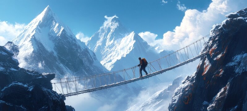 Fototapeta A lone hiker crosses a treacherous rope bridge high in the Himalayas, showcasing breathtaking views of snow-capped peaks and a dramatic landscape.