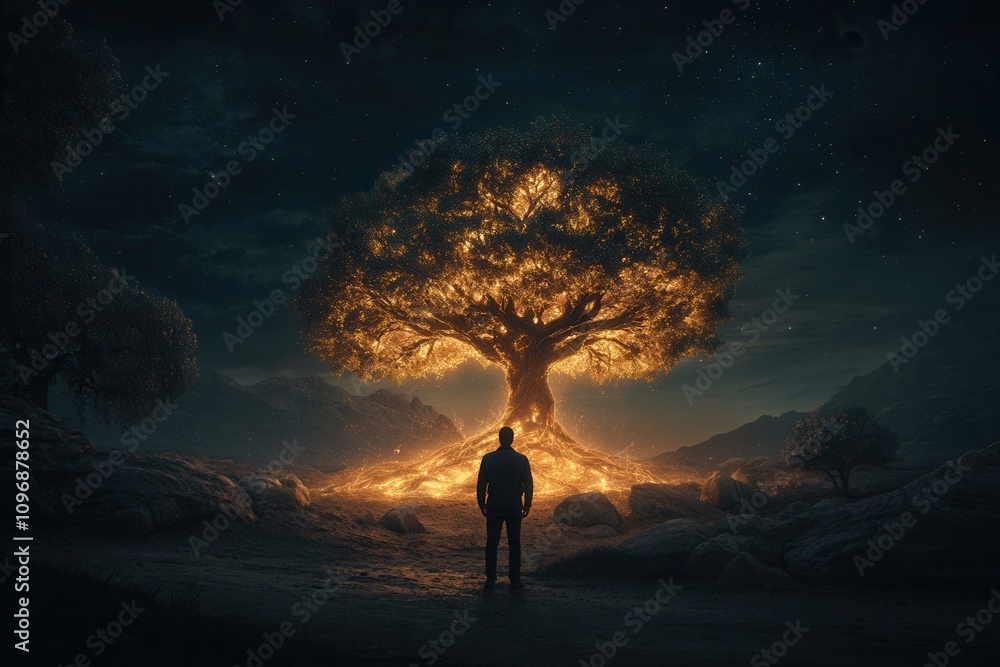 Poster a solitary figure stands before a magnificent, glowing tree in a dark landscape, creating a mystical