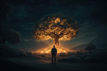 Fototapeta premium A solitary figure stands before a magnificent, glowing tree in a dark landscape, creating a mystical and enchanting atmosphere.