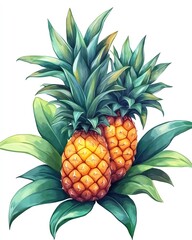 Fresh ripe pineapples with green leaves.