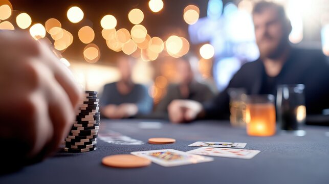 A focused poker game scene in a dimly lit room featuring players around a table with playing cards and poker chips, capturing an intense and thrilling atmosphere.