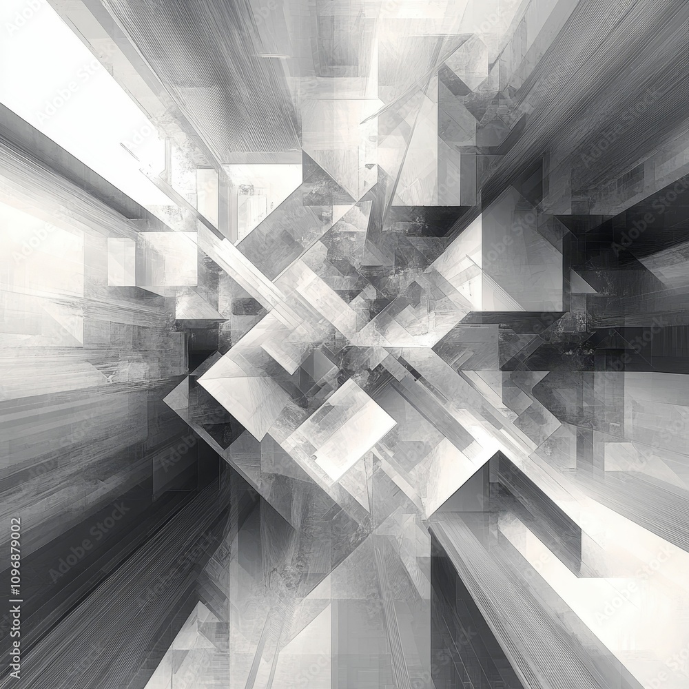 Poster abstract grayscale geometric shapes, intersecting lines.