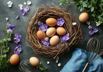 Unique Arrangement of Fresh Eggs Nestled in a Natural Twigs Nest Surrounded by Beautiful Purple Flowers and Kitchen Utensils on a Textured Background
