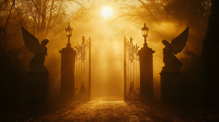 Heavenly gates glowing in golden mist flanked by statues of serene angels.