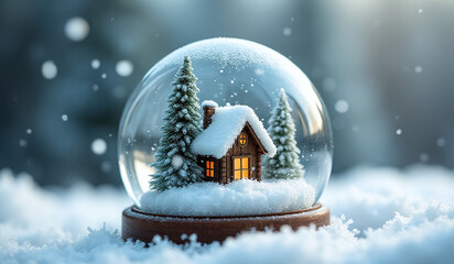 Naklejka premium snow globe features serene winter scene house trees inside surrounded white snowflakes
