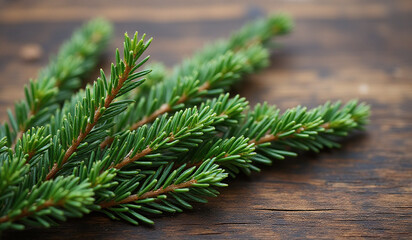 Naklejka premium spruce branch placed wood surface carefully